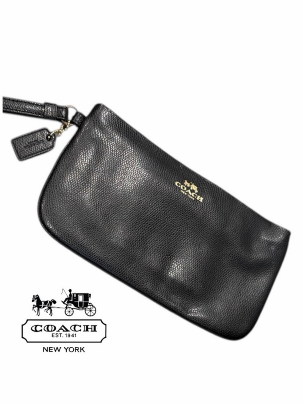 Coach Black Large‎ Pebbled Leather Wristlet